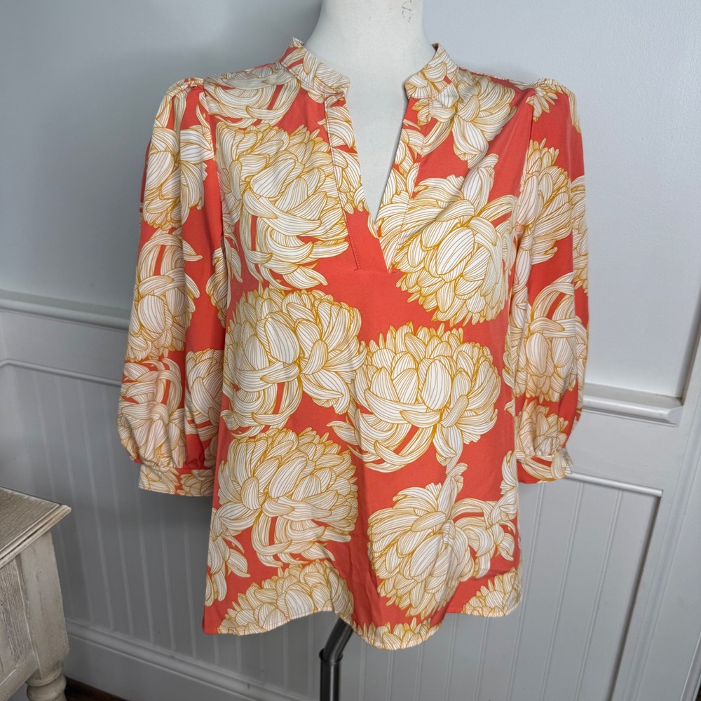 Mary Square Coral Floral Chrysanthemum Puff Sleeve Split Neck Blouse Small